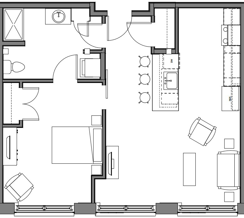 Floor plan for 1 bed, 1 bath, 810 sqft